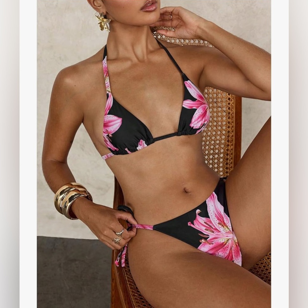 New- Floral Pink and Black Bikini Set